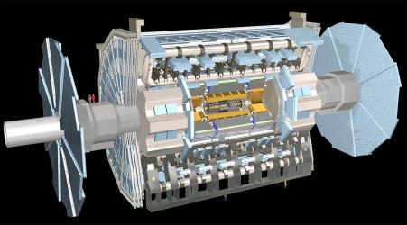 The ATLAS detector, the largest particle detector at the Large Hadron Collider (LHC), the world's largest atom smasher. 