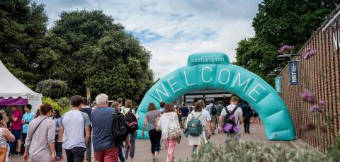 The Open Day Welcome arch at Highfield Campus
