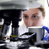 Doctor Katrina Morgan conducting research into novel glass beneath a microscope.