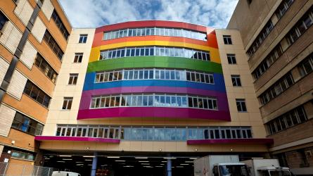 Outside of Southampton General Hospital, featuring a rainbow façade.