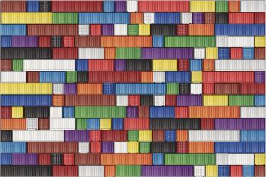 A colourful checkerboard of shipping containers viewed from a great height