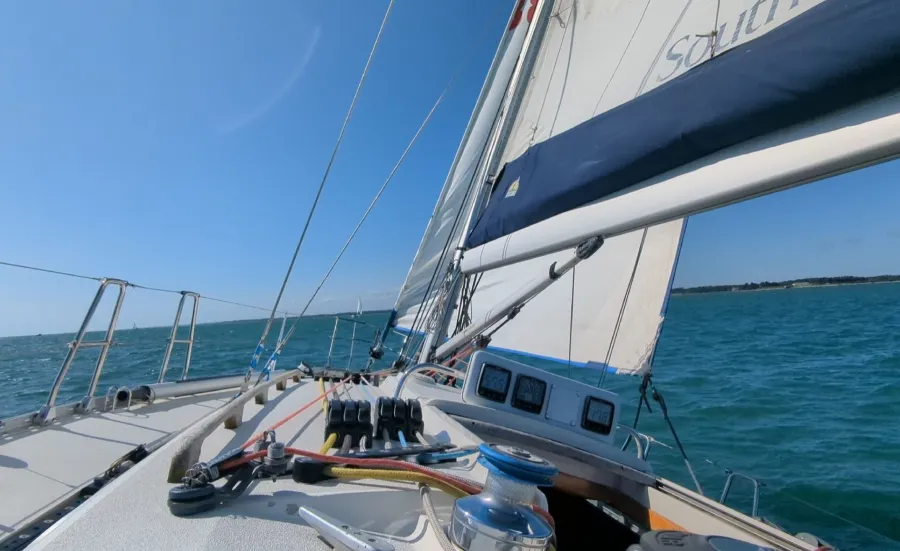 Looking out over the bow of a yacht at sea